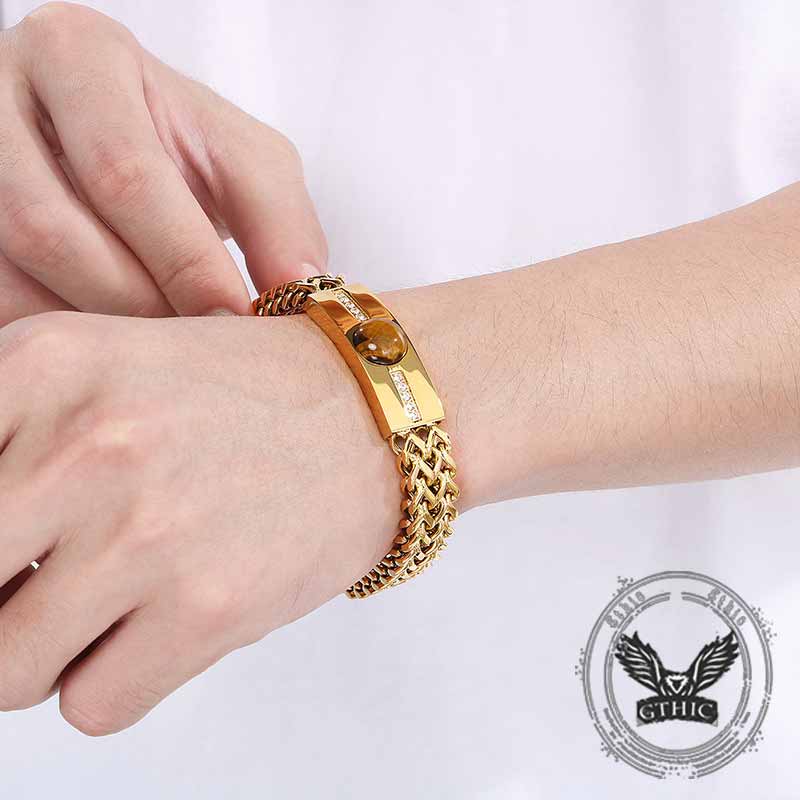 Vintage Tiger Eye Diamond-Set Stainless Steel Bracelet