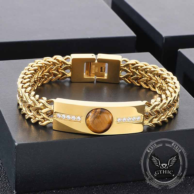 Vintage Tiger Eye Diamond-Set Stainless Steel Bracelet