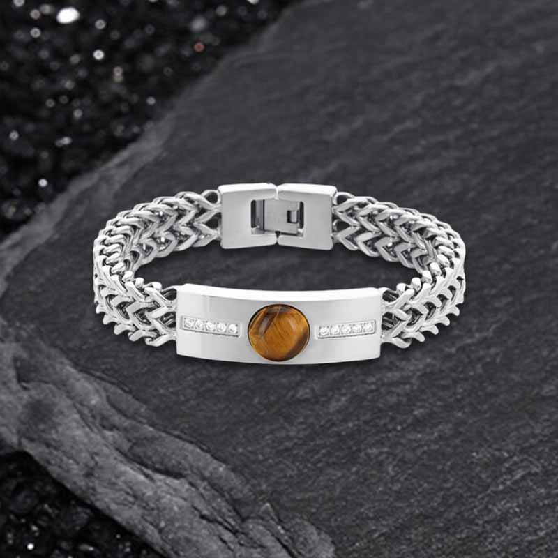 Vintage Tiger Eye Diamond-Set Stainless Steel Bracelet