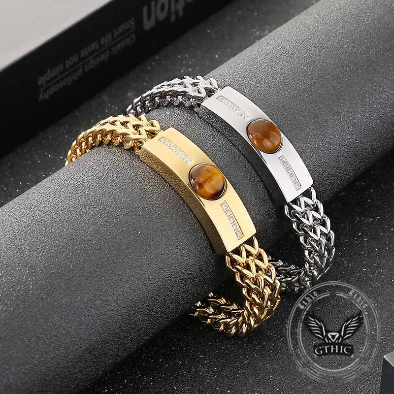 Vintage Tiger Eye Diamond-Set Stainless Steel Bracelet