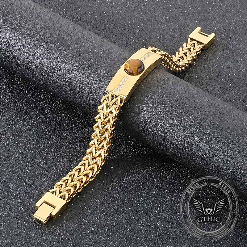 Vintage Tiger Eye Diamond-Set Stainless Steel Bracelet