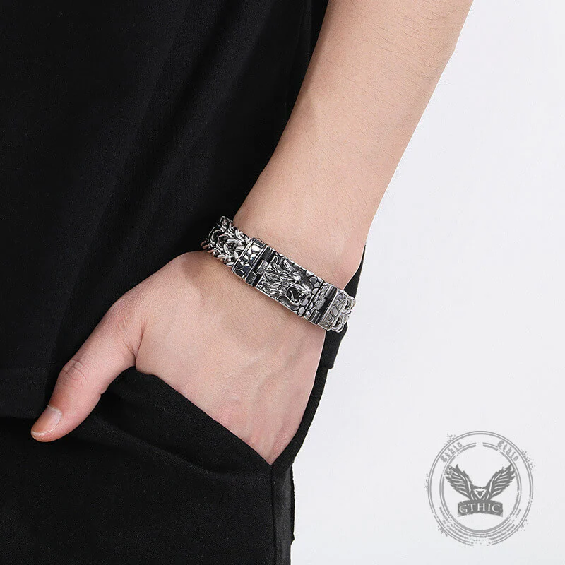 Classic Wolf Head Square Buckle Stainless Steel Bracelet