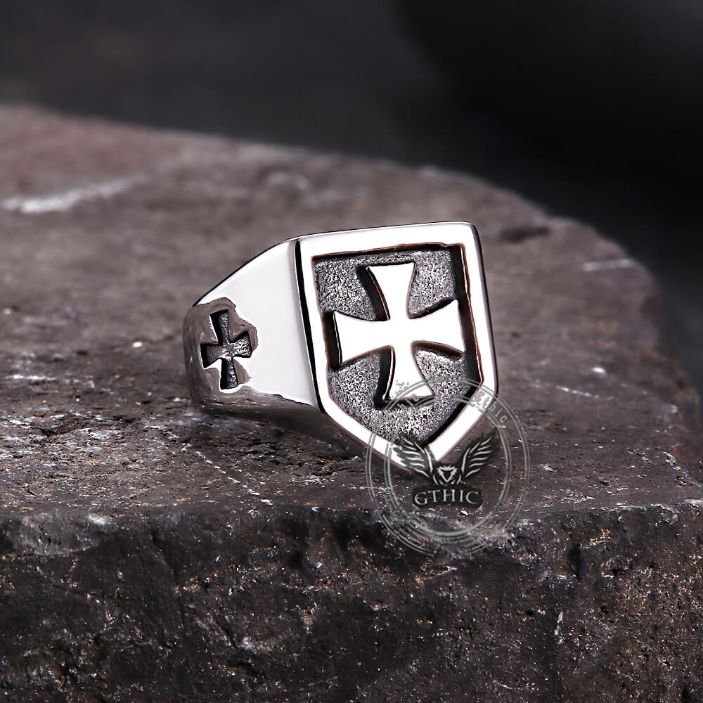 Vintage Cross Pattern Stainless Steel Shield Ring