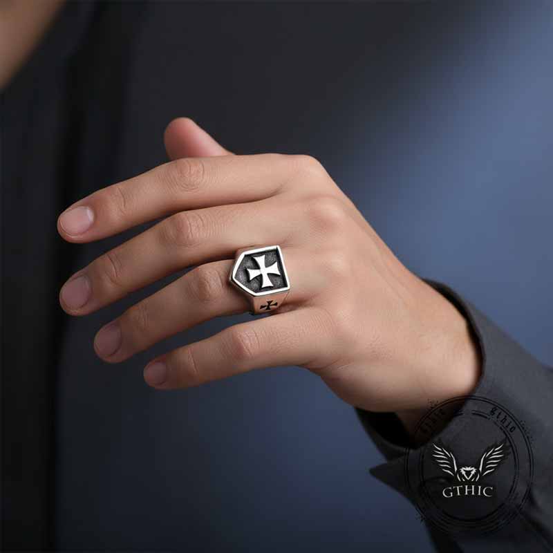 Vintage Cross Pattern Stainless Steel Shield Ring