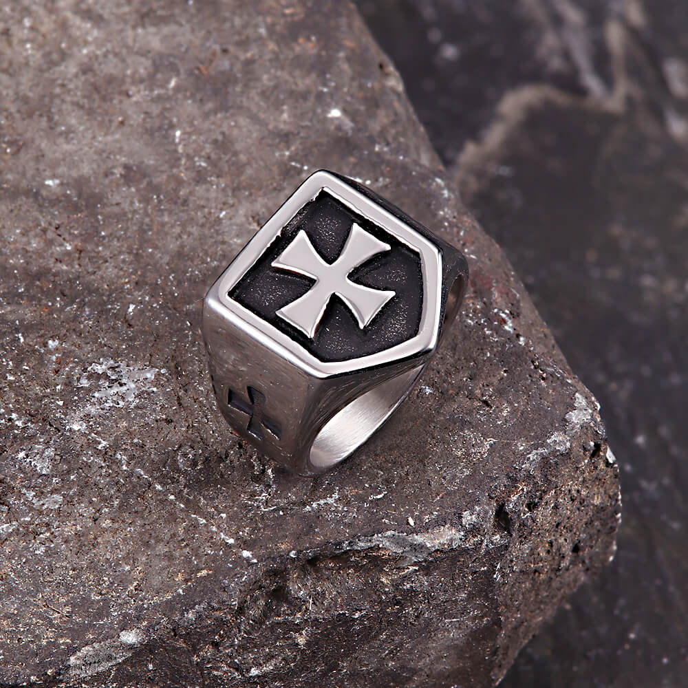 Vintage Cross Pattern Stainless Steel Shield Ring