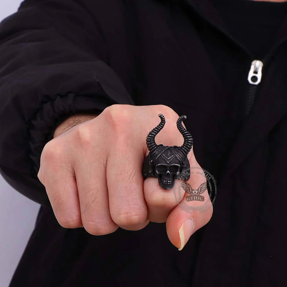 Vintage Satan Horn Stainless Steel Skull Ring