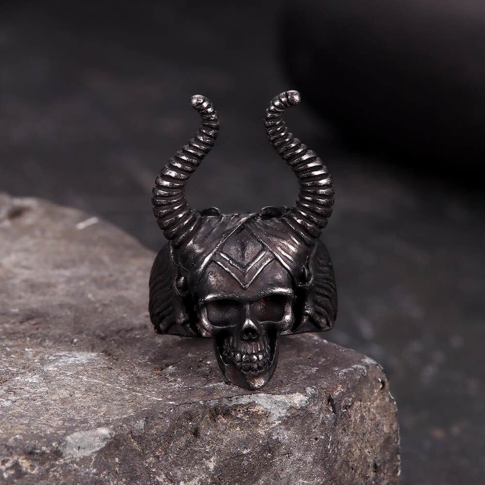 Vintage Satan Horn Stainless Steel Skull Ring