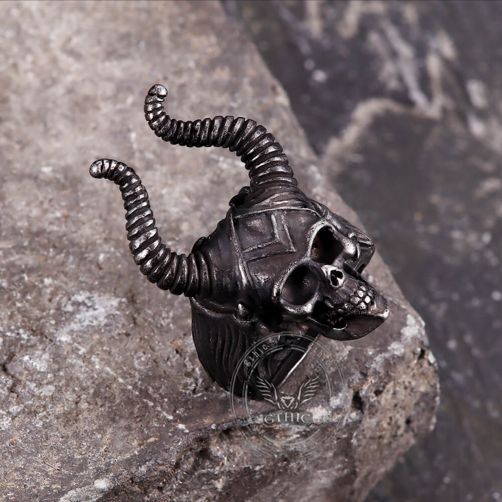 Vintage Satan Horn Stainless Steel Skull Ring