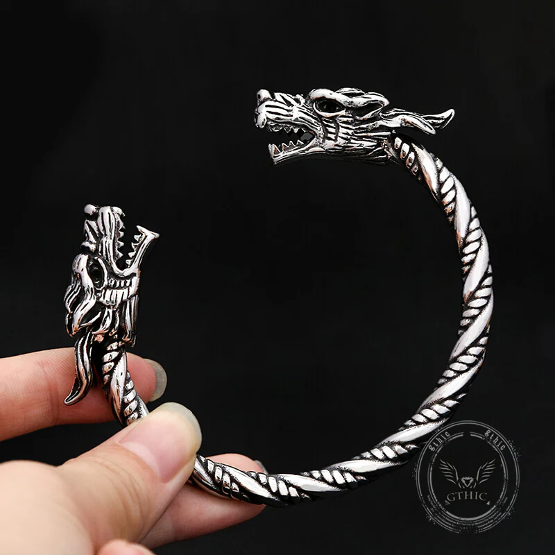 Viking Double Dragon Head Stainless Steel Nordic Open Bracelet