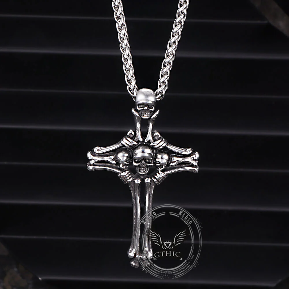 Gothic Bone Skull Stainless Steel Cross Pendant