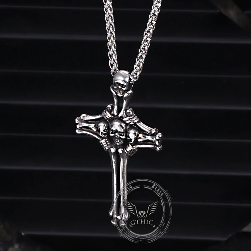 Gothic Bone Skull Stainless Steel Cross Pendant