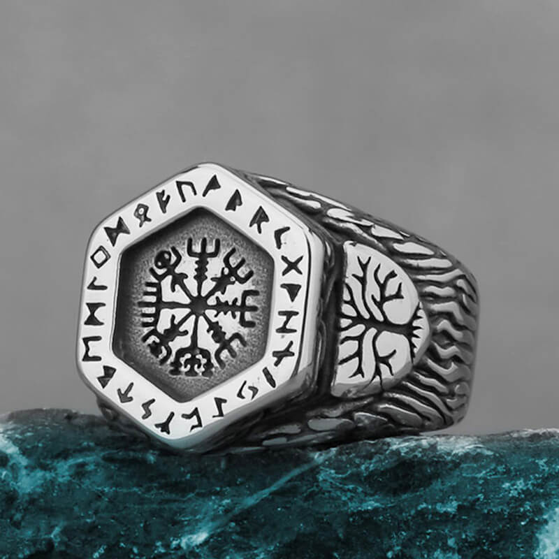 Vintage Tree of Life Vegvisir Rune Stainless Steel Viking Ring