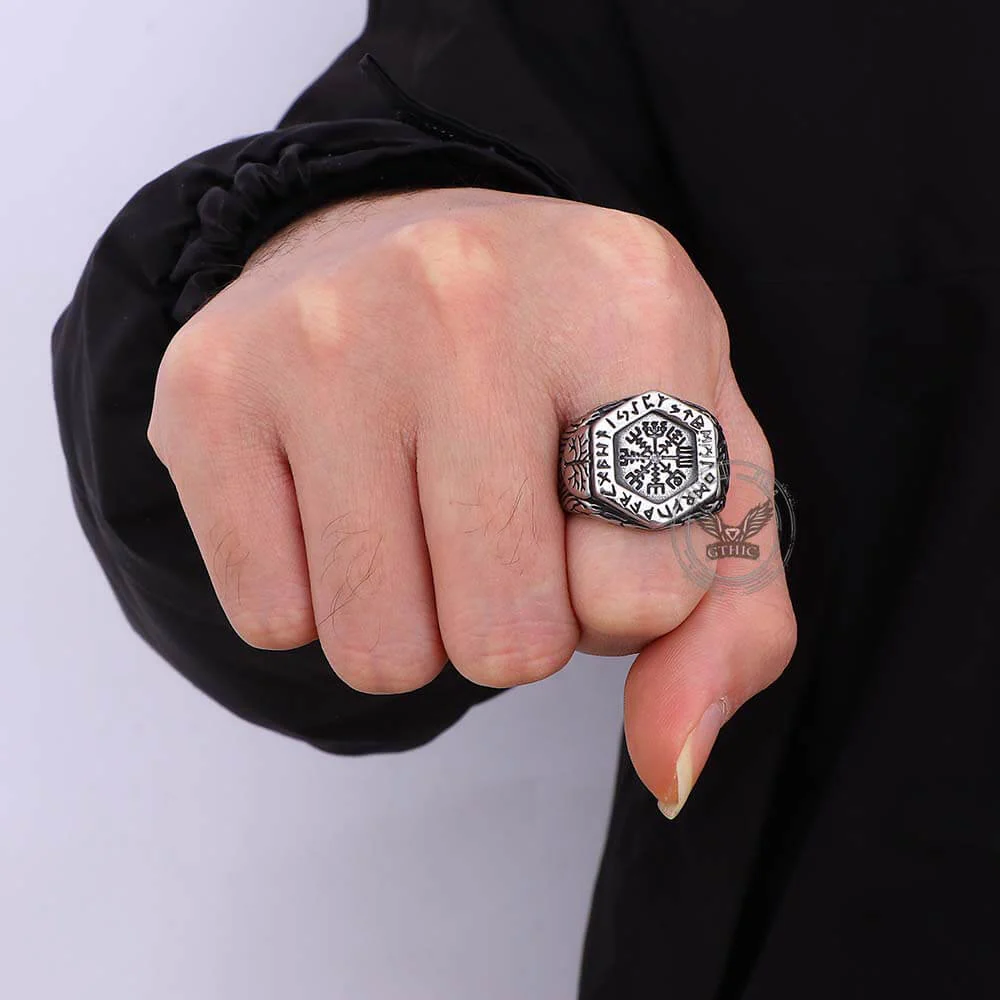 Vintage Tree of Life Vegvisir Rune Stainless Steel Viking Ring
