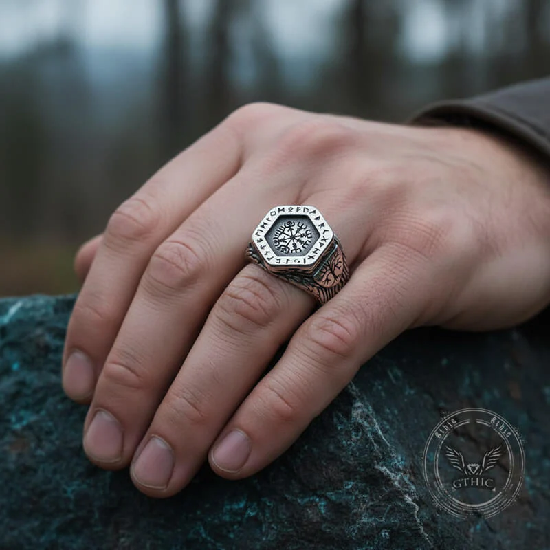 Vintage Tree of Life Vegvisir Rune Stainless Steel Viking Ring