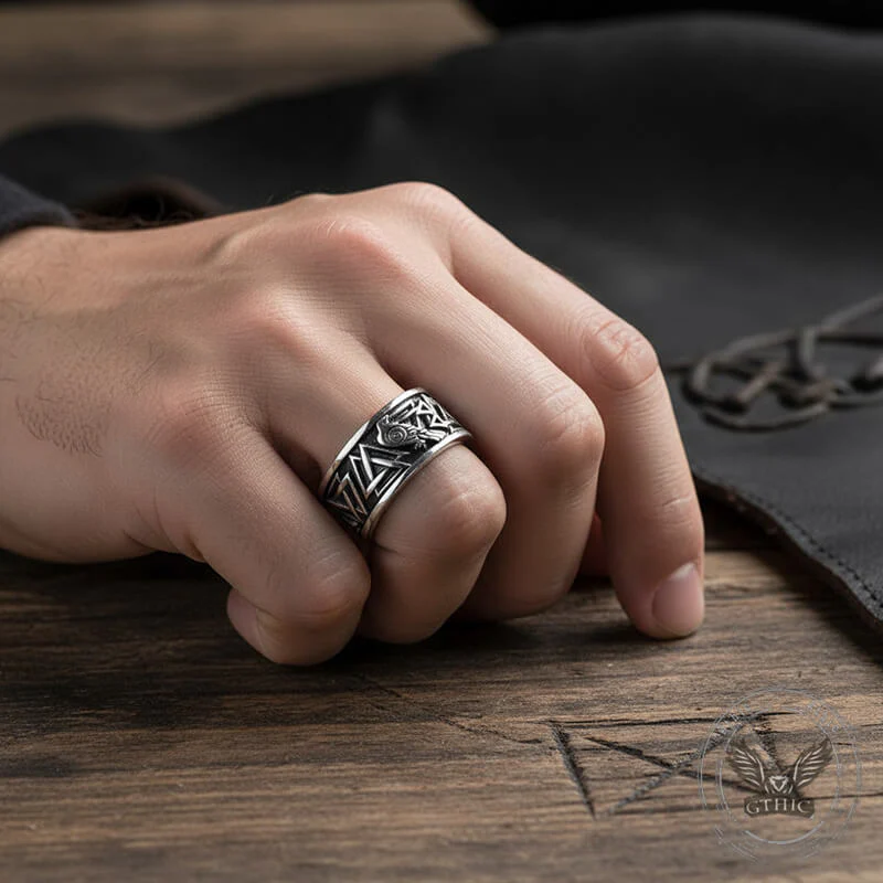 Viking Raven Valknut Rune Stainless Steel Ring