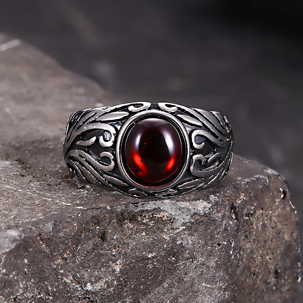 Vintage Floral Pattern Red Gem Stainless Steel Ring