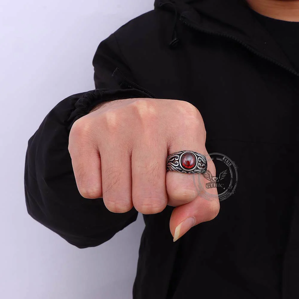 Vintage Floral Pattern Red Gem Stainless Steel Ring