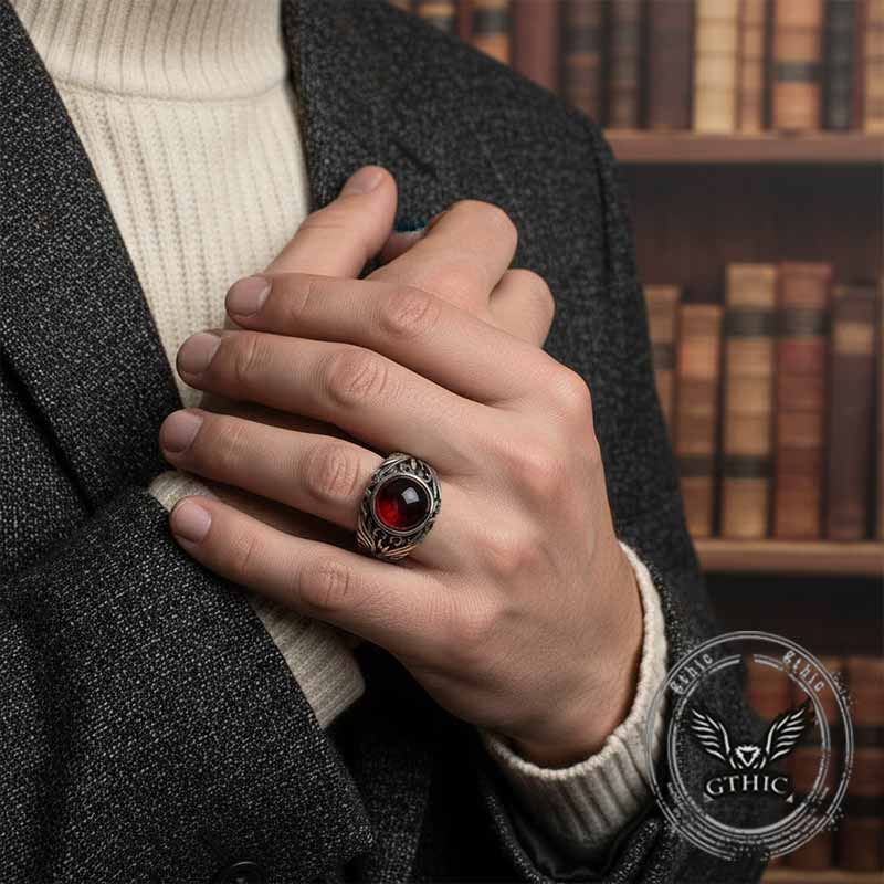 Vintage Floral Pattern Red Gem Stainless Steel Ring