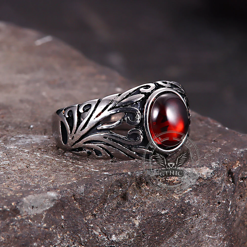 Vintage Floral Pattern Red Gem Stainless Steel Ring