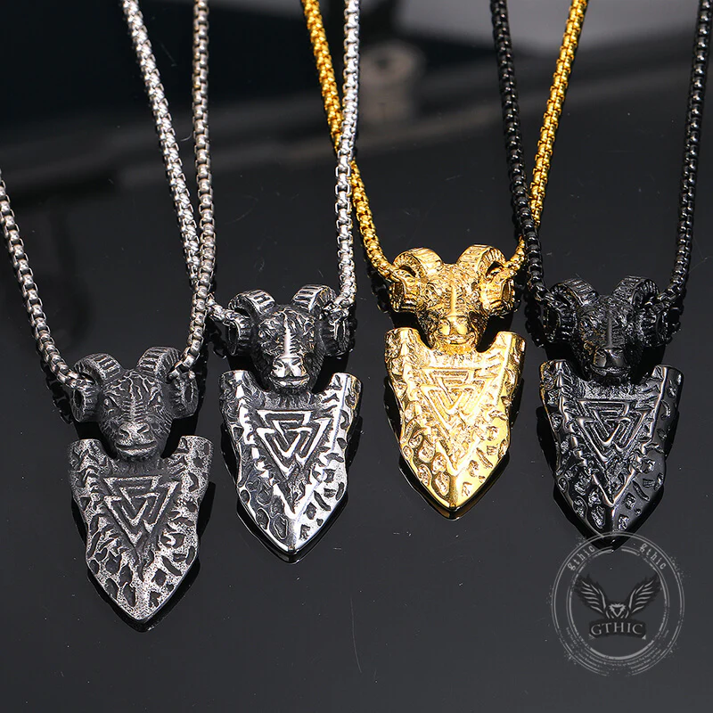 Vintage Ram Shield Stainless Steel Viking Pendant