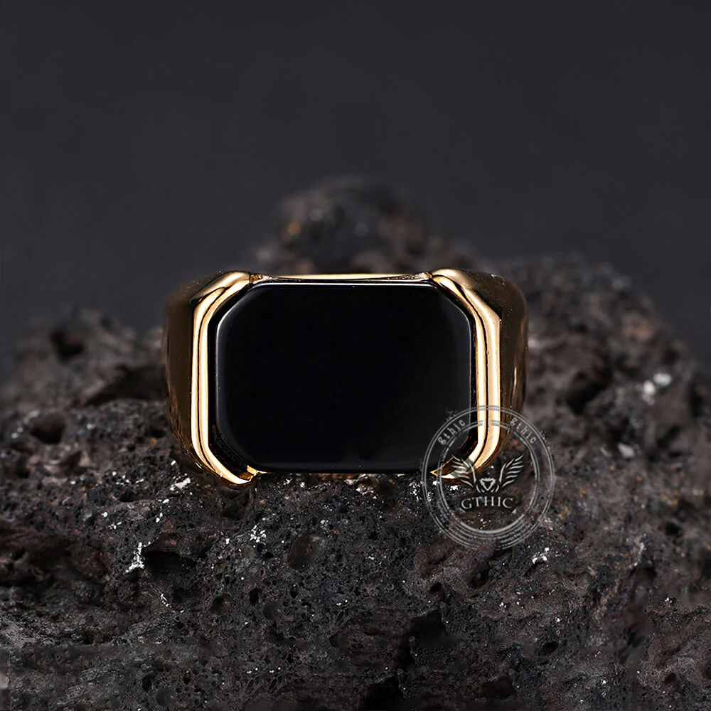 Simple Smooth Black Gemstone Stainless Steel Ring