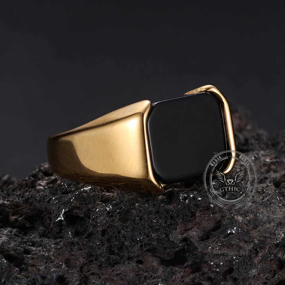 Simple Smooth Black Gemstone Stainless Steel Ring