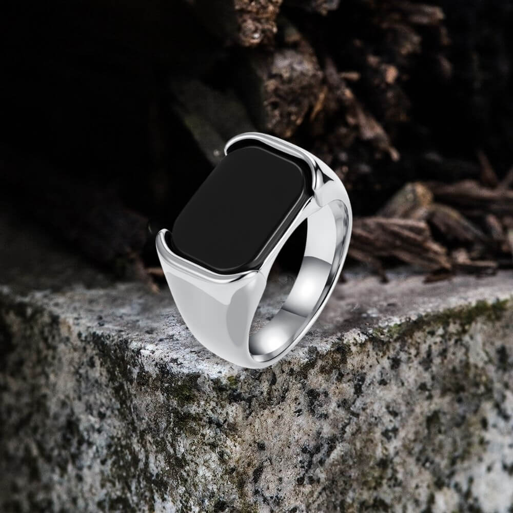 Simple Smooth Black Gemstone Stainless Steel Ring