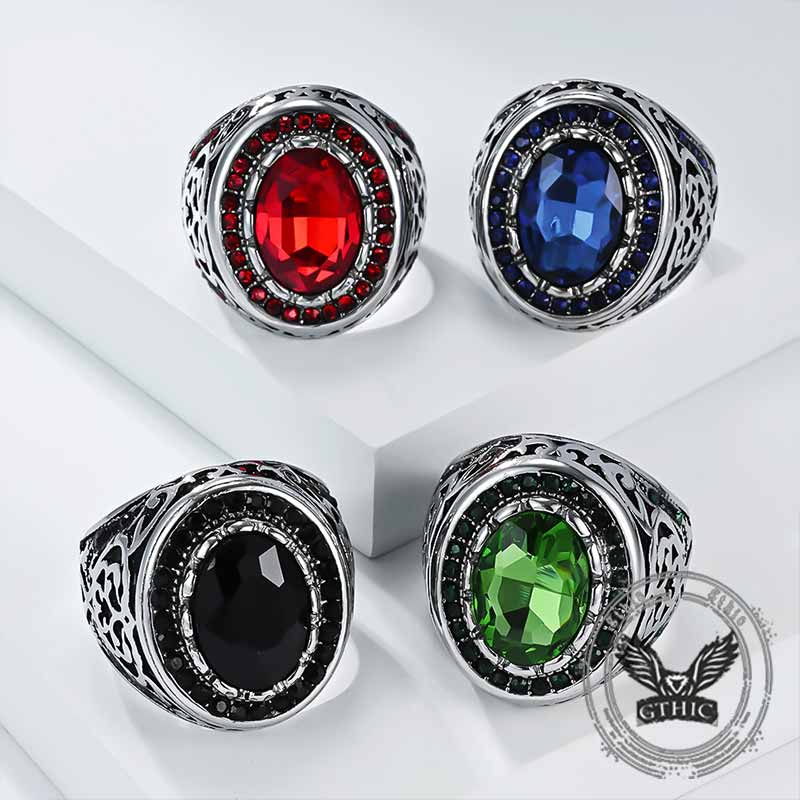 Vintage Pattern Gemstone-Set Stainless Steel Ring