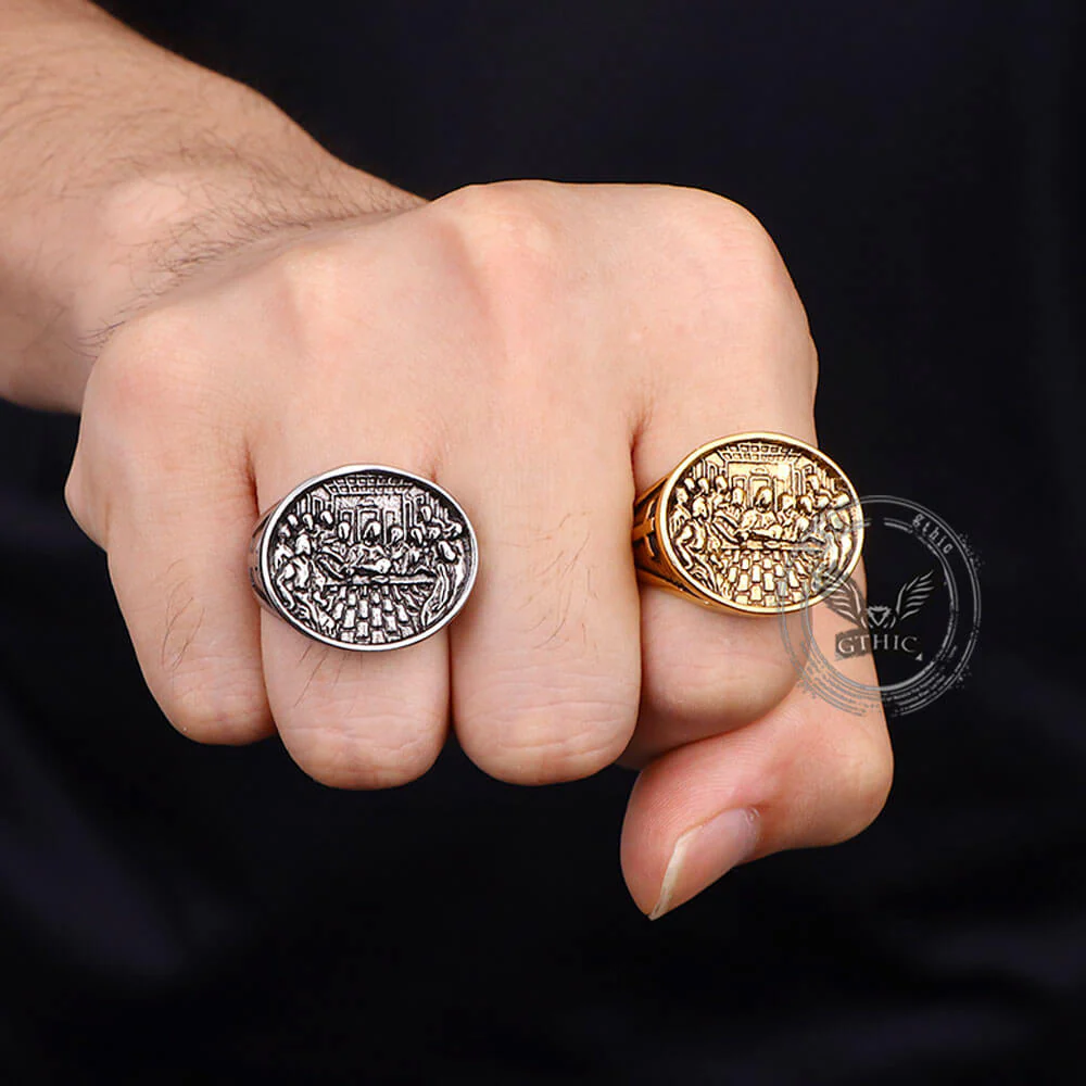 Vintage Last Supper Cross Stainless Steel Ring