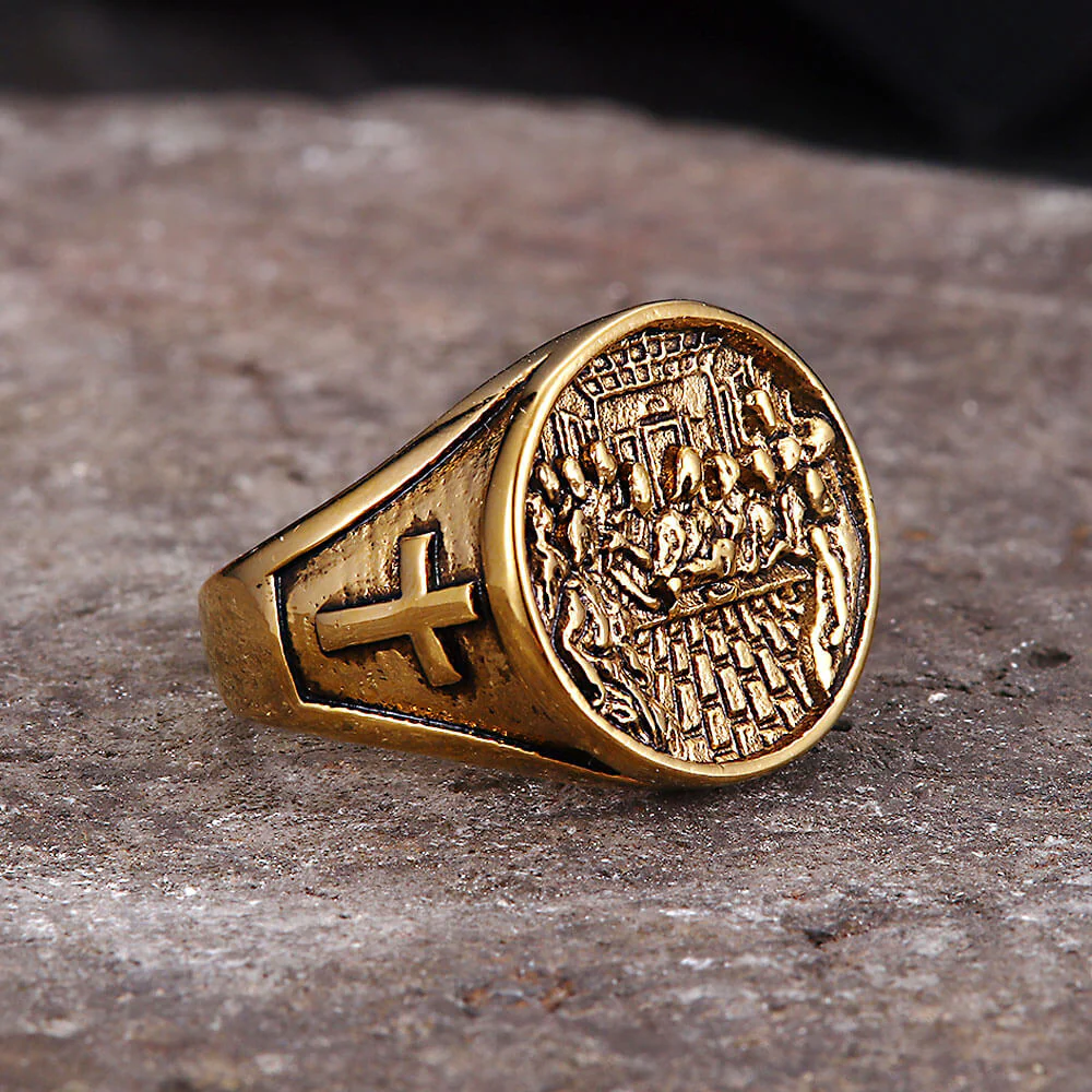 Vintage Last Supper Cross Stainless Steel Ring