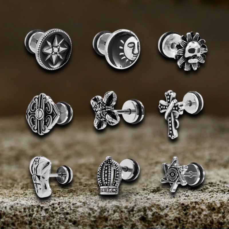 Punk Star Lion Head Cross Stainless Steel Earring Set