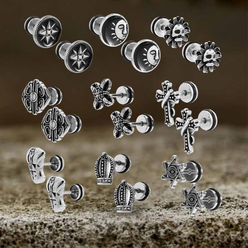 Punk Star Lion Head Cross Stainless Steel Earring Set