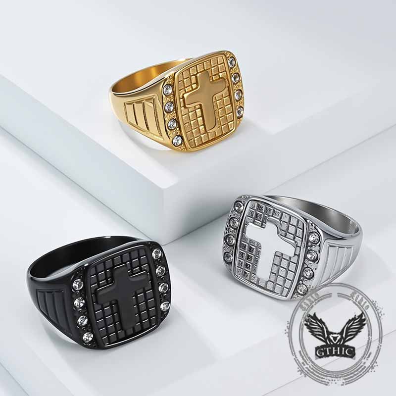 Fashion Cross Diamond-Set Stainless Steel Ring