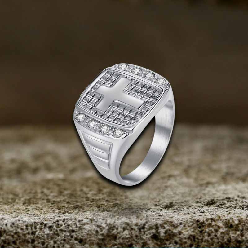 Fashion Cross Diamond-Set Stainless Steel Ring