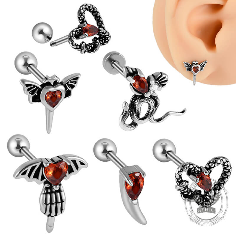 Gothic Red Zircon Snake Stainless Steel Animal Piercing Earrings