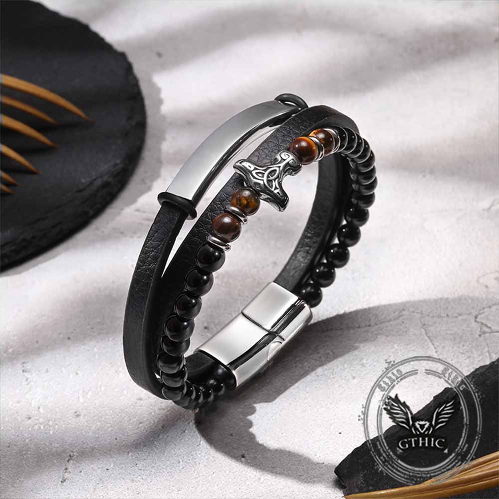 Thor's Hammer Agate Tiger Eye Stainless Steel Bracelet