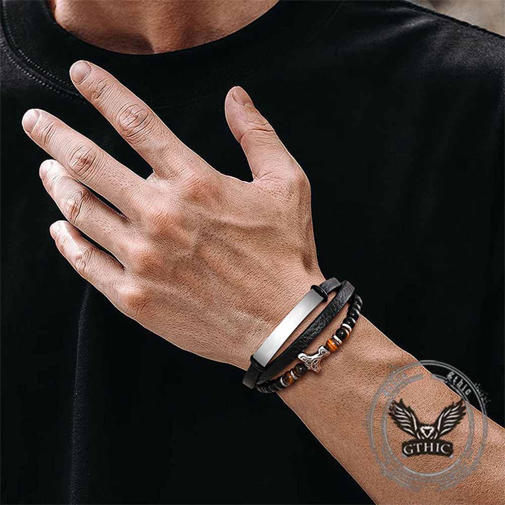 Thor's Hammer Agate Tiger Eye Stainless Steel Bracelet