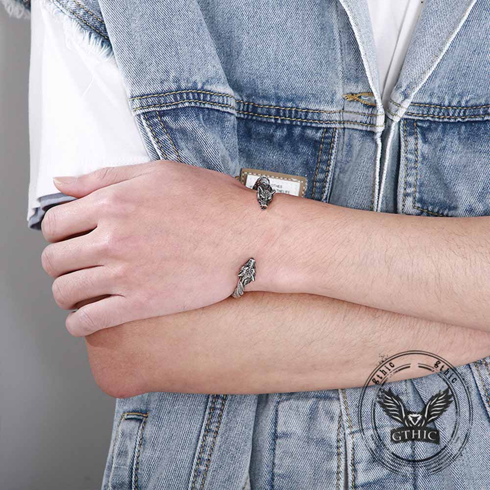 Punk Double Wolf Head Stainless Steel Open Bracelet