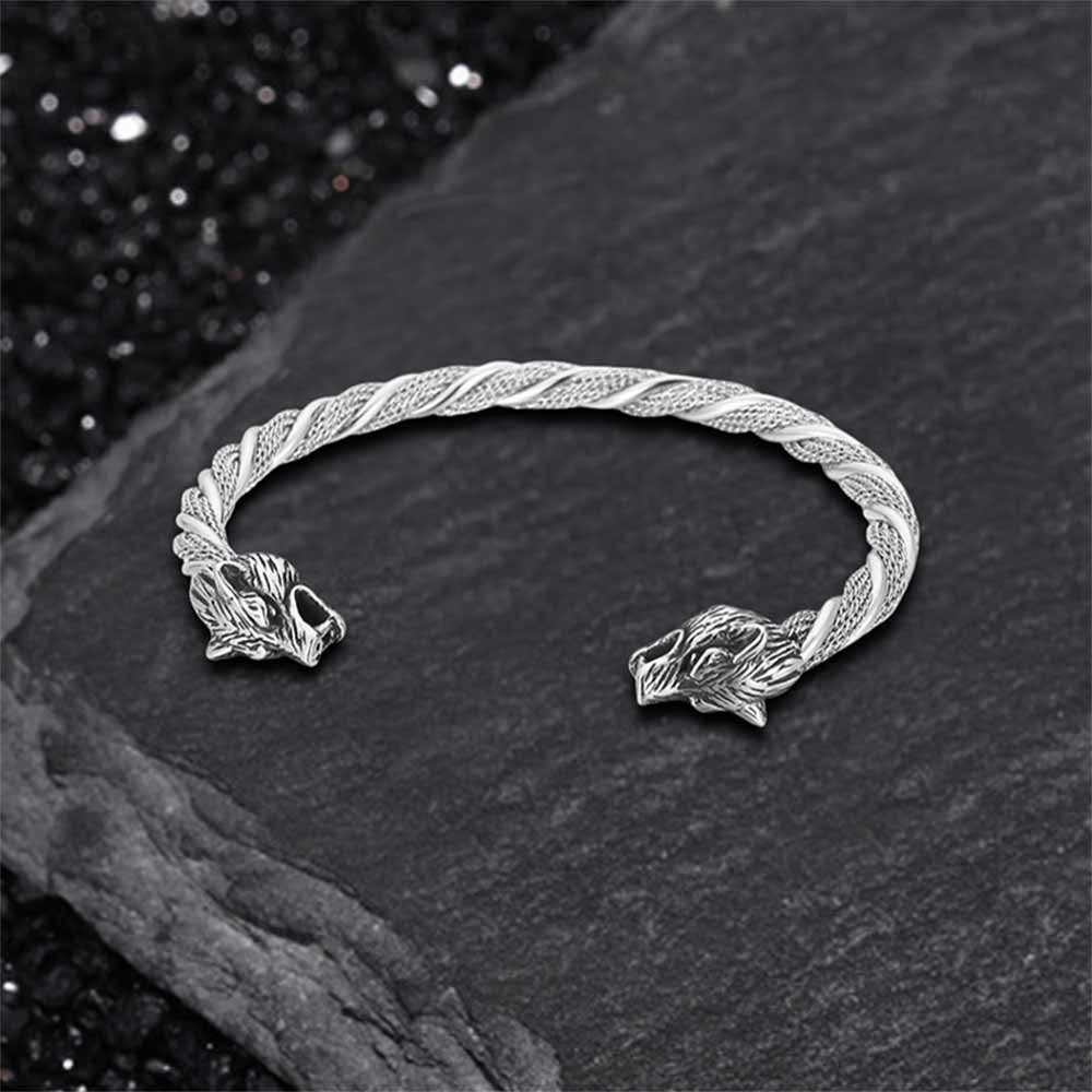 Punk Double Wolf Head Stainless Steel Open Bracelet
