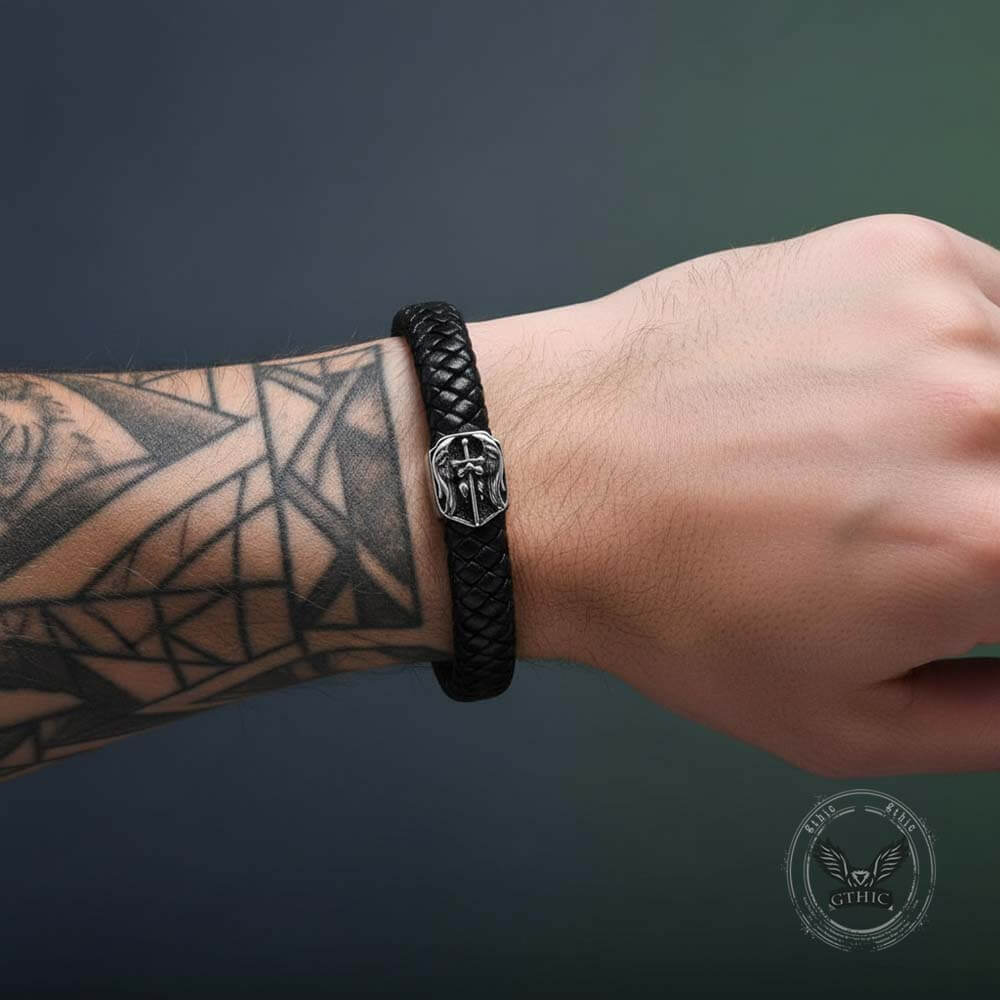 18669-punk-st.-michael-archangel-woven-leather-stainless-steel-bracelet-2.jpg Punk St. Michael Archangel Woven Leather Stainless Steel Bracelet