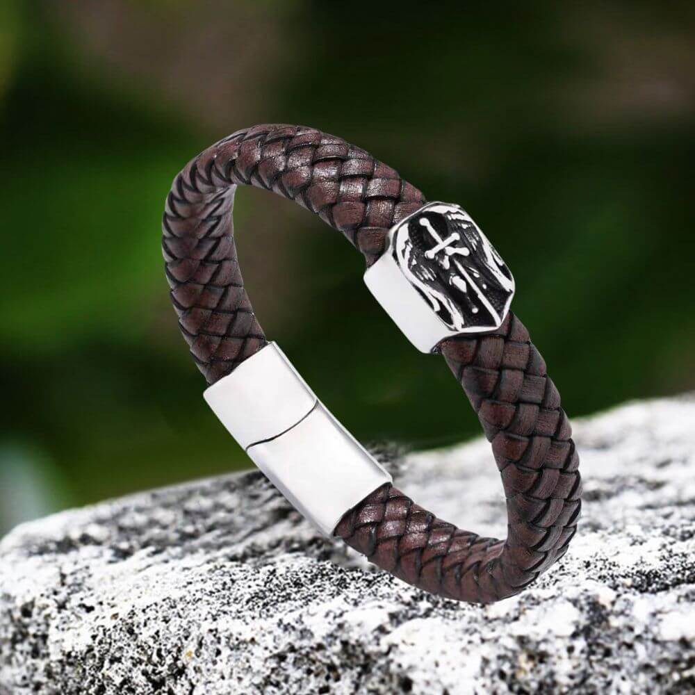 18674-brown-20-cm-brown-20-cm-variation-1.jpg Punk St. Michael Archangel Woven Leather Stainless Steel Bracelet