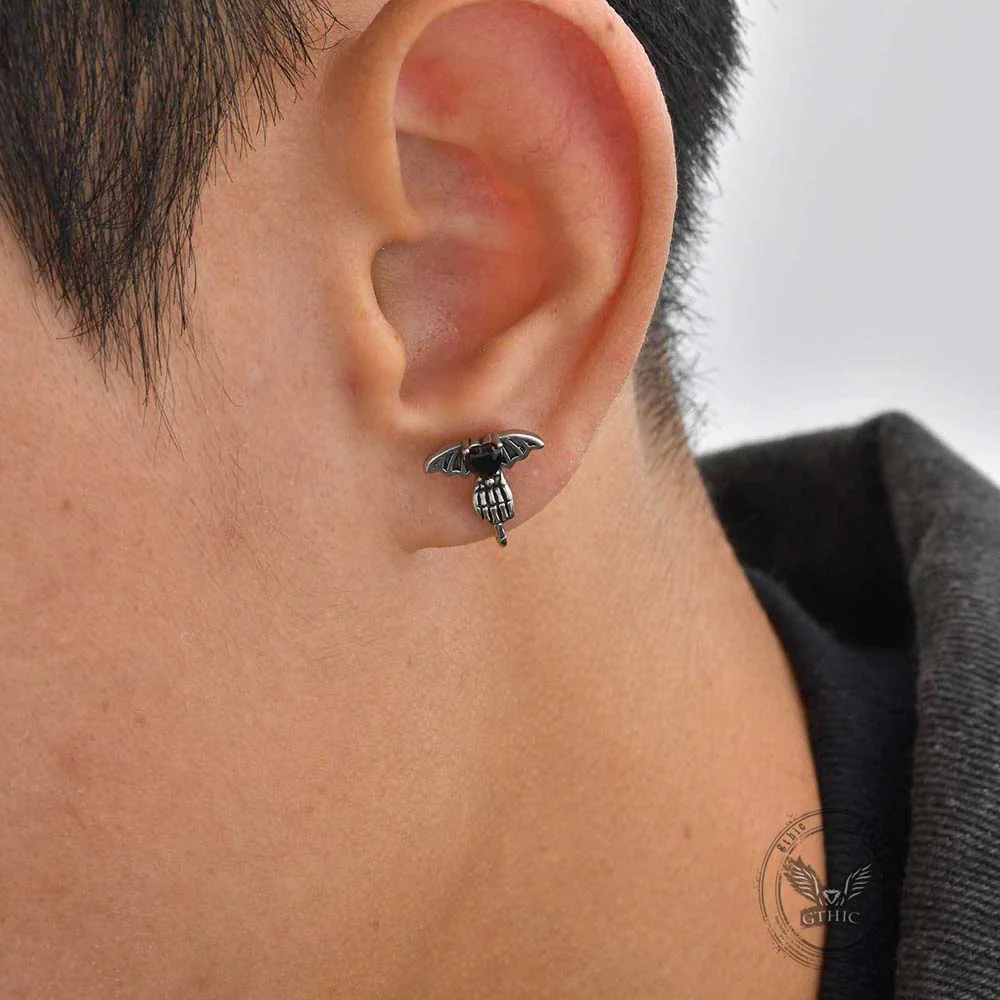 Punk Claw Black Zircon Wing Stainless Steel Screw Earrings