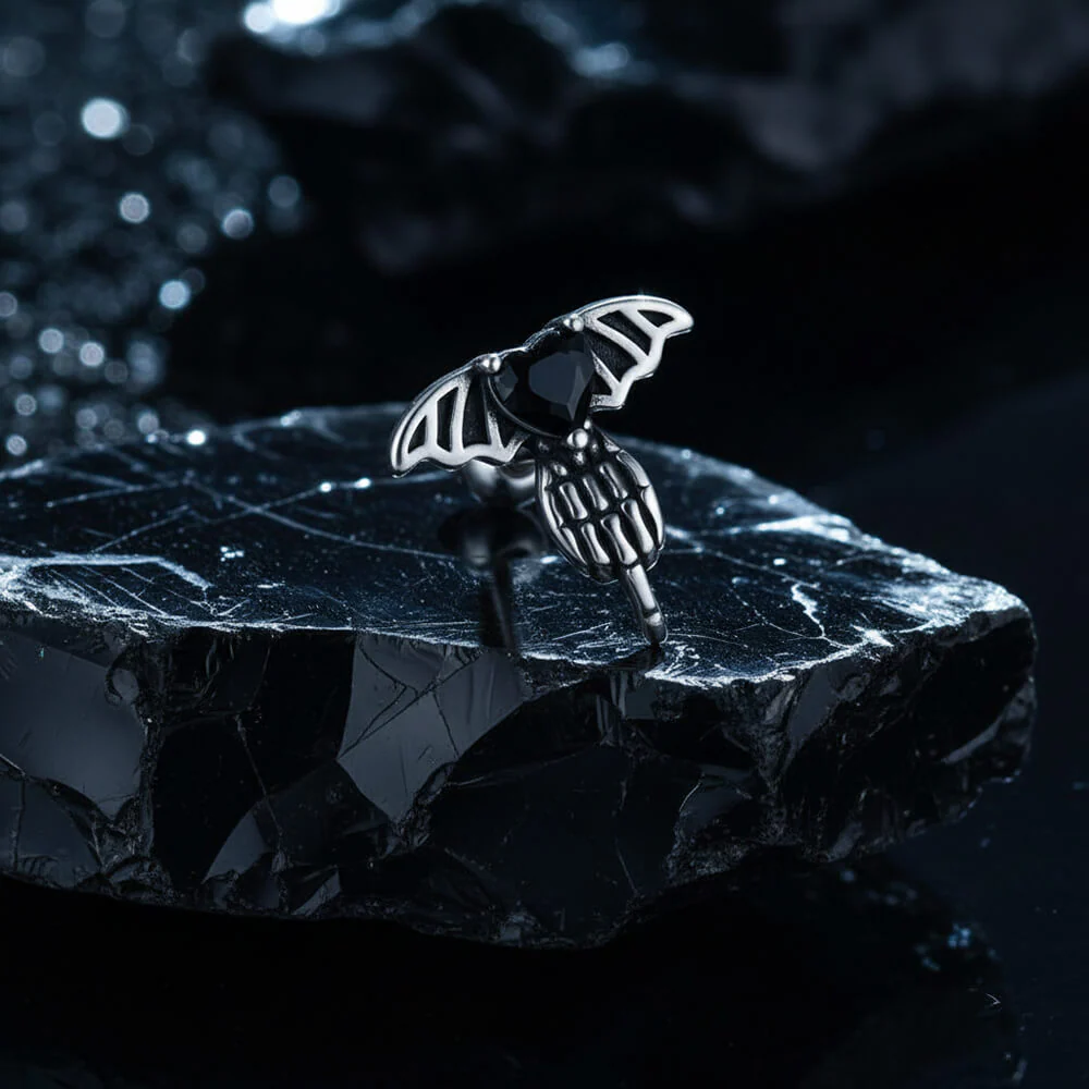Punk Claw Black Zircon Wing Stainless Steel Screw Earrings