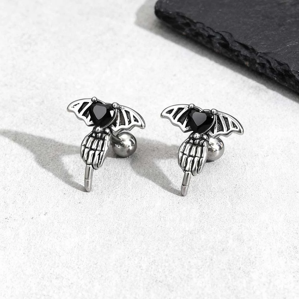 Punk Claw Black Zircon Wing Stainless Steel Screw Earrings