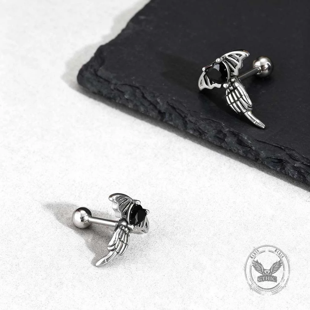 Punk Claw Black Zircon Wing Stainless Steel Screw Earrings