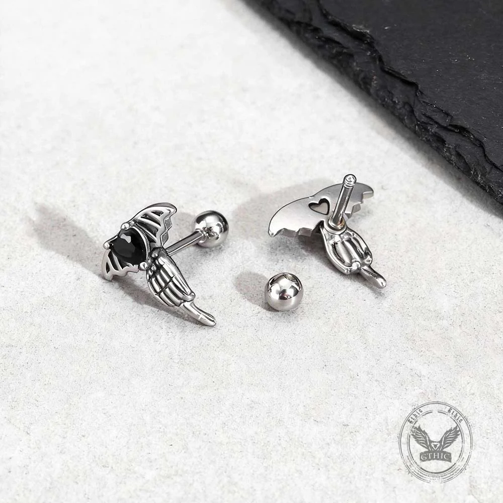 Punk Claw Black Zircon Wing Stainless Steel Screw Earrings