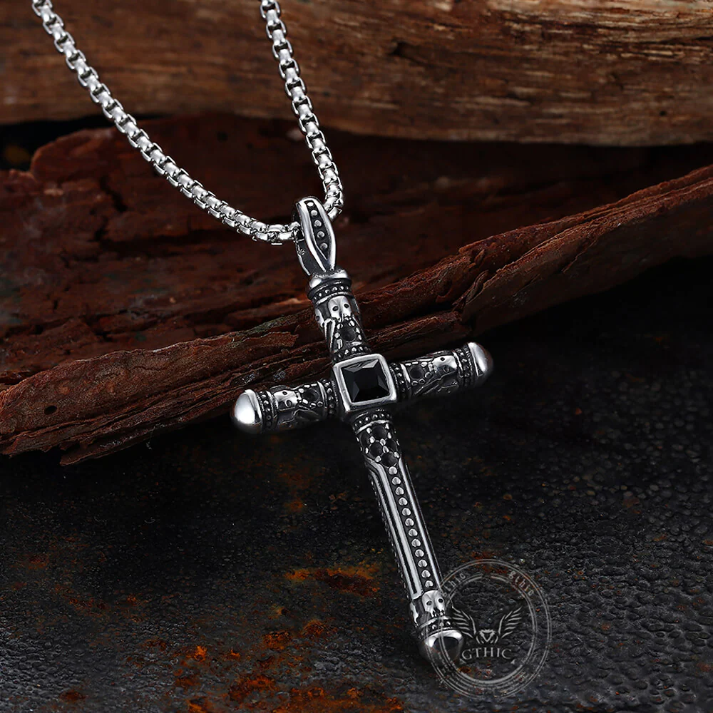 Vintage Gemstone Cross Skull Stainless Steel Pendant