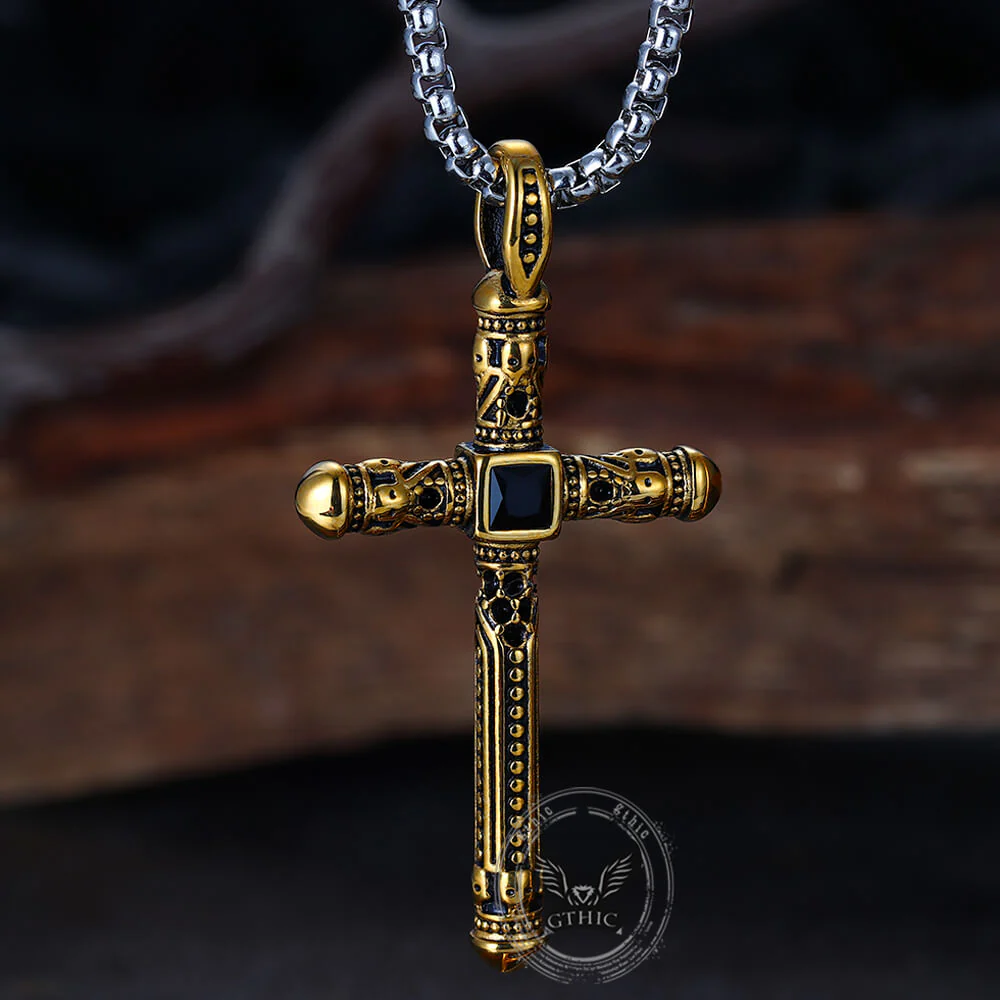 Vintage Gemstone Cross Skull Stainless Steel Pendant