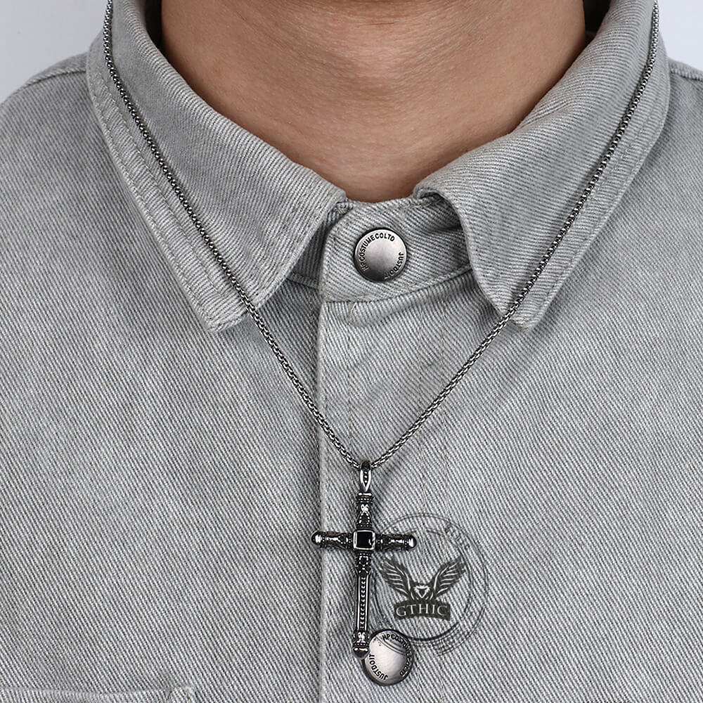 Vintage Gemstone Cross Skull Stainless Steel Pendant