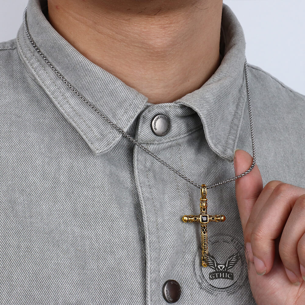 Vintage Gemstone Cross Skull Stainless Steel Pendant